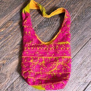 Vibrant Fuscia Pink and Yellow Embroidered Boho Bag